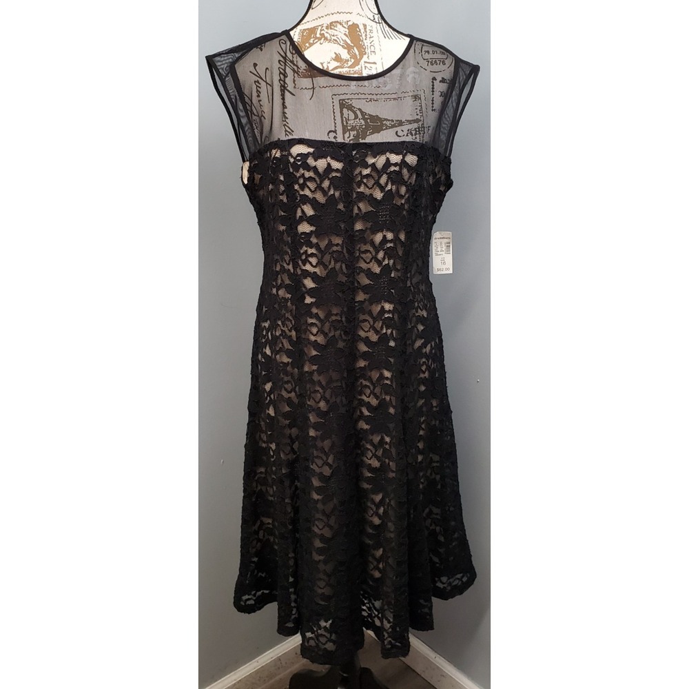 Dressbarn Cocktail Dress Womens Size 16 Black Tan Lace Mesh Illusion Sleeveless